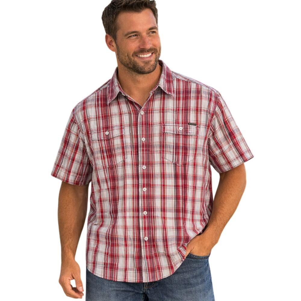 Eddie Bauer Mens Short Sleeve Button-Up Shirt Sz Large Lightweight Red Plaid EUC